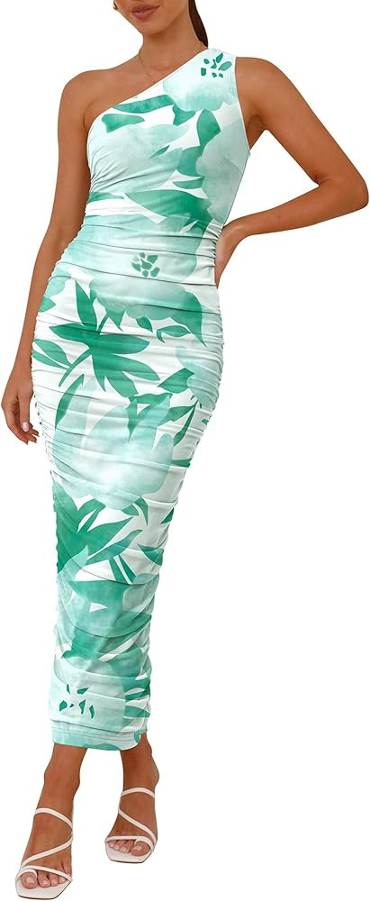 PRETTYGARDEN Women's One Shoulder Bodycon Dress Summer 2025 Printed Ruched Mesh Dress Party Cockt... | Amazon (US)
