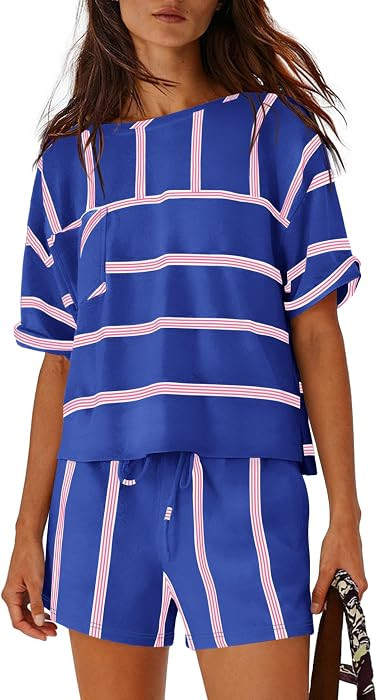 Nirovien Womens Striped Lounge Set 2 Piece Vacation Outfits Short Sleeve Tops and Drawstring Shorts Set with Pockets | Amazon (US)