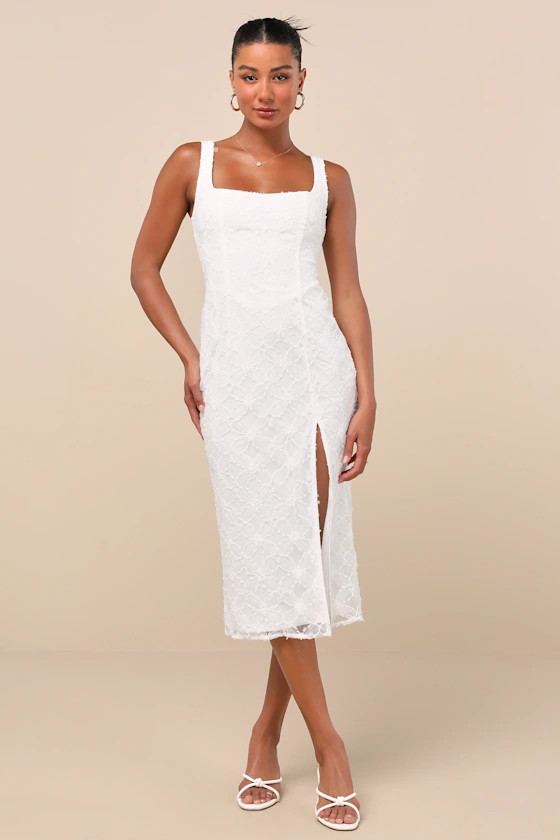 Kalani White Mesh Textured Midi Dress | Lulus