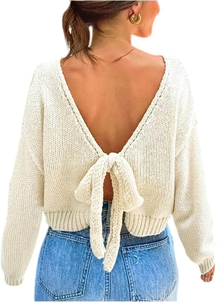 Floerns Women's Bow Tie Back Fall Sweater Crew Neck Cozy Knit Trendy Pullover Tops | Amazon (US)