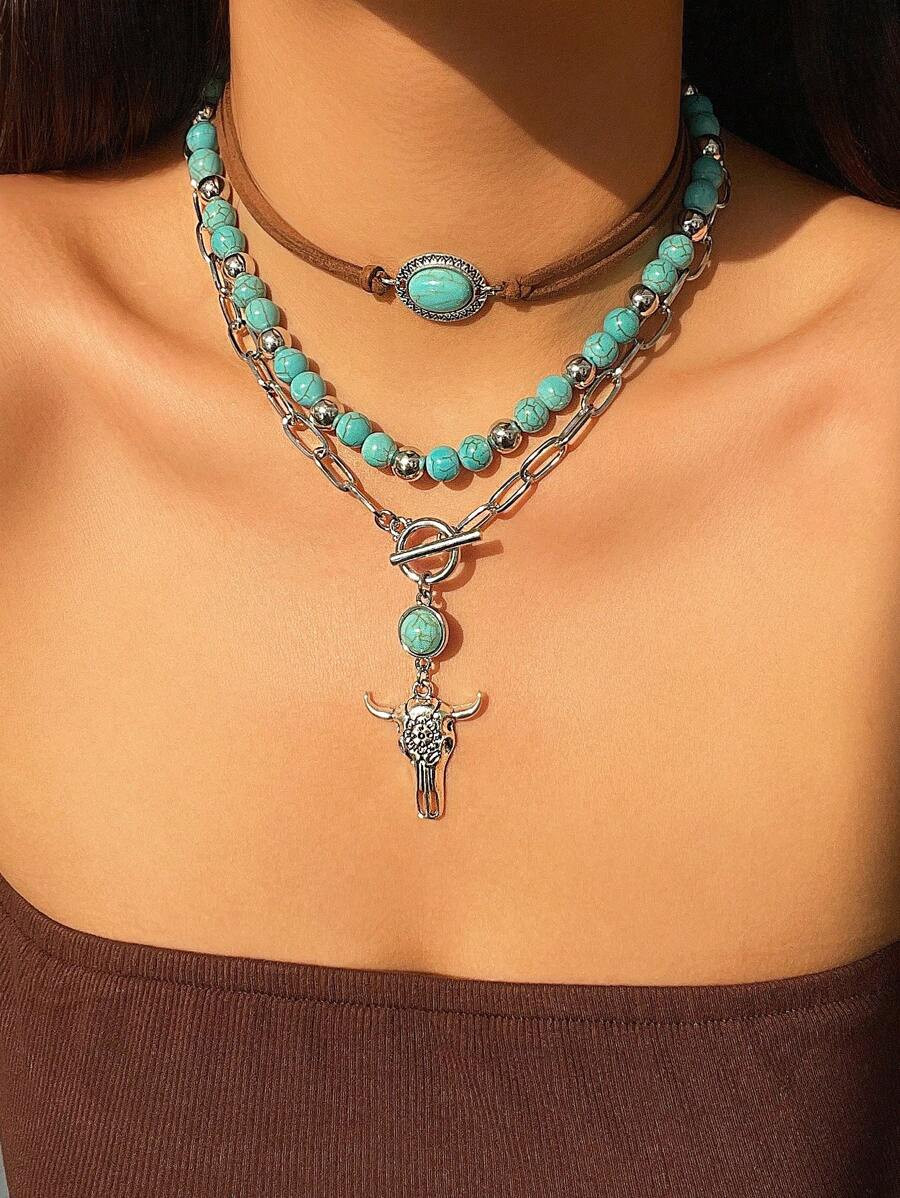 ROMWE Fairycore 3pcs Fashionable Bohemian Western Style Turquoise Beaded Necklace Set With Bull H... | SHEIN