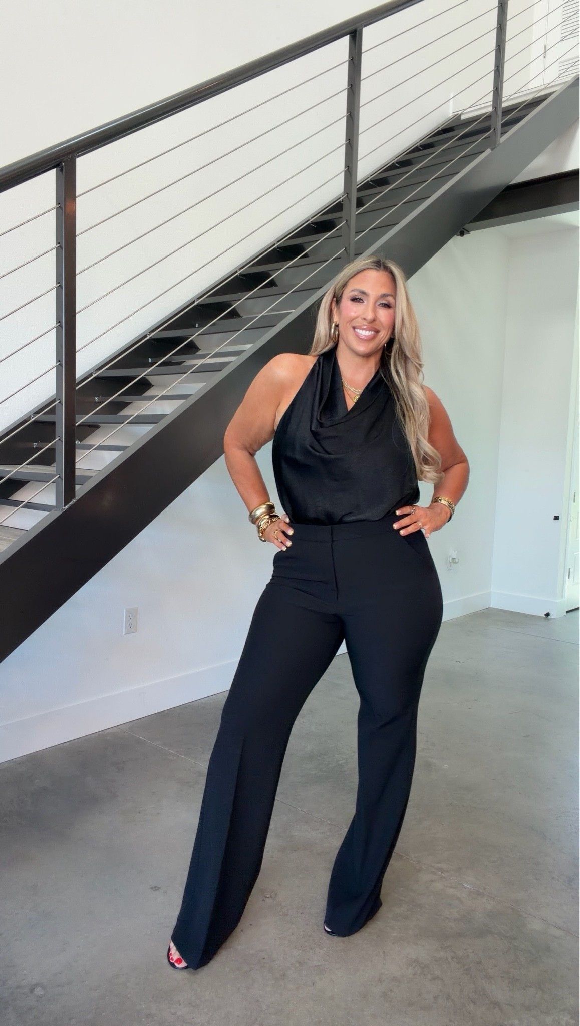 Editor pant 12L (they have stretch. The fit is bomb and they run long) you can wear these to work or out at night. I have on a 3 inch heel and they are perfect length. 

The top is part of an Amazon set. Size XL (could of done a L) 

Also linked a similar top from express.