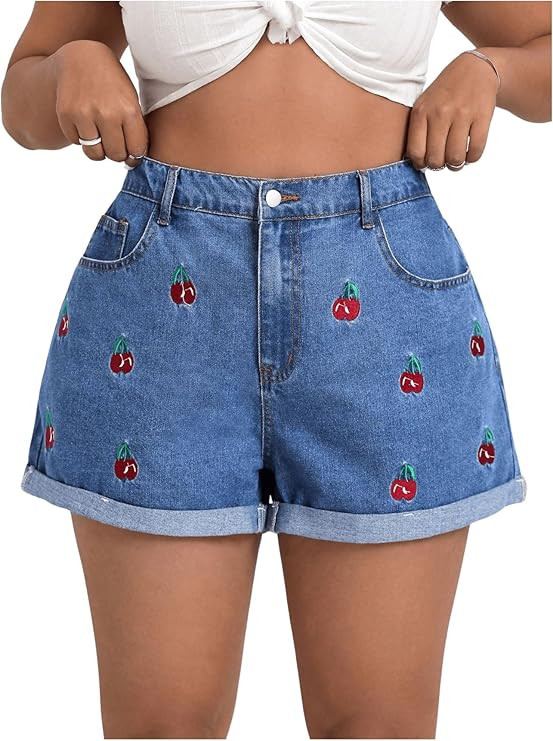 WDIRARA Women's Plus Size Cherry Embroidery Wide Leg Denim Shorts High Waist Rolled Hem Shorts | Amazon (US)