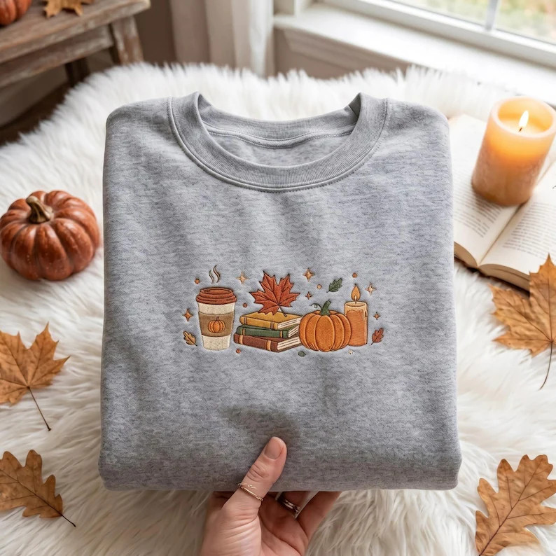 Embroidered Cozy Fall Sweatshirt, Pumpkin Coffee Book Maple Leaf Candle Shirt | Etsy (Global)