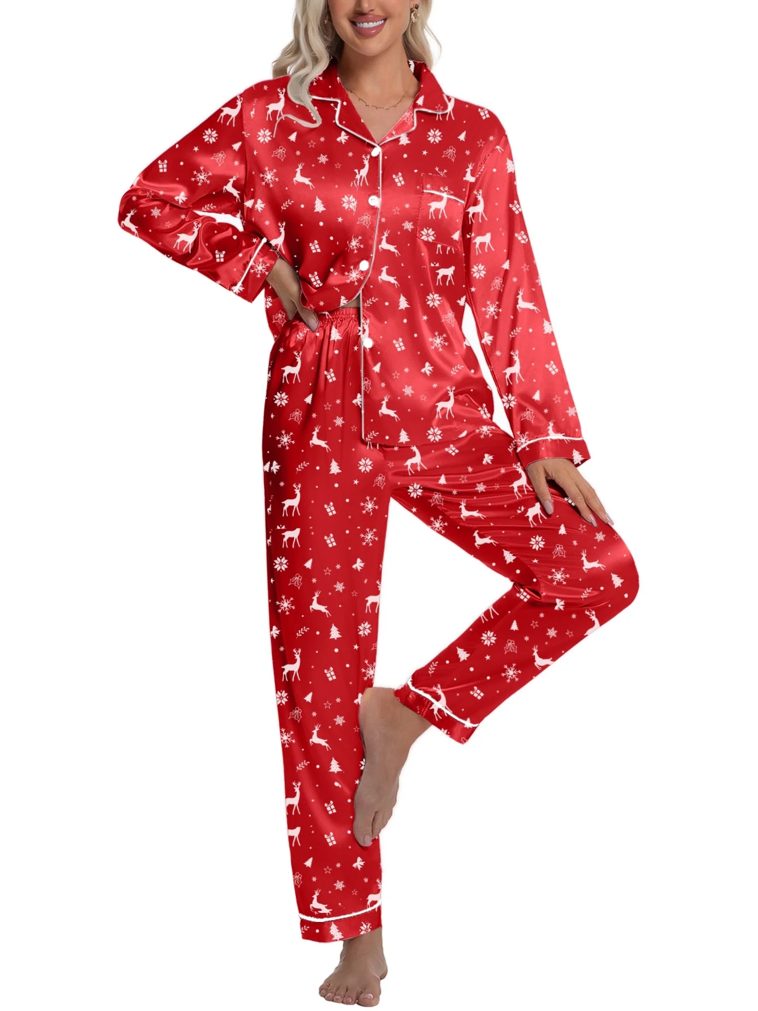 DAKIMOE Silk Satin Pajamas Set Womens Christmas Pajamas Long Sleepwear Button Down 2 Piece Classi... | Walmart (US)