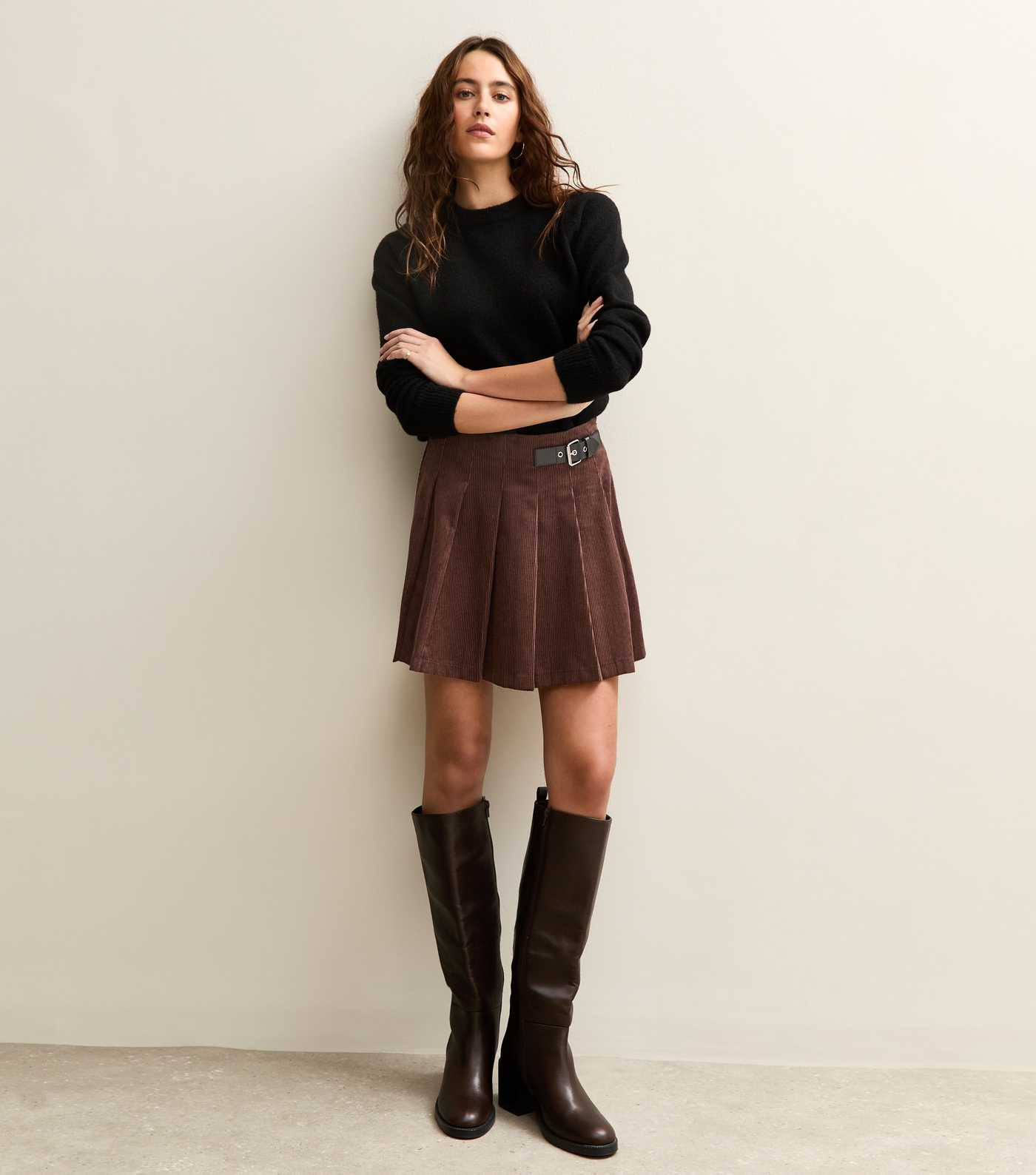 Dark Brown Corduroy Pleated Mini Skirt | New Look | New Look (UK)