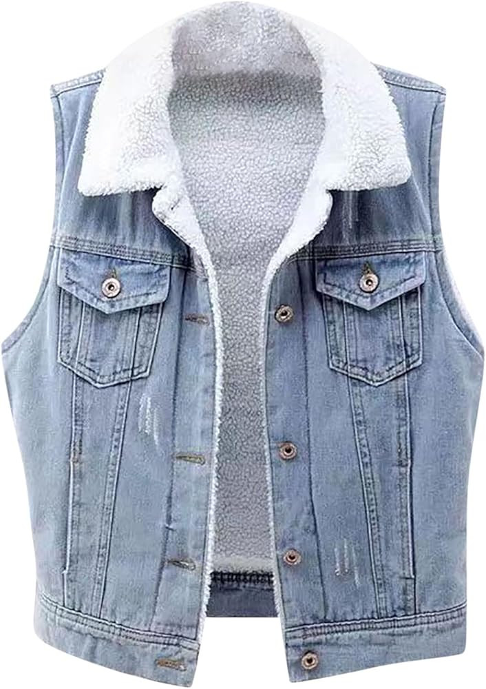 Sherpa Vest Womens Hooded Denim Vests Cozy Fleece Lined Button down Sleeveless Warm Jean Jacket L... | Amazon (US)