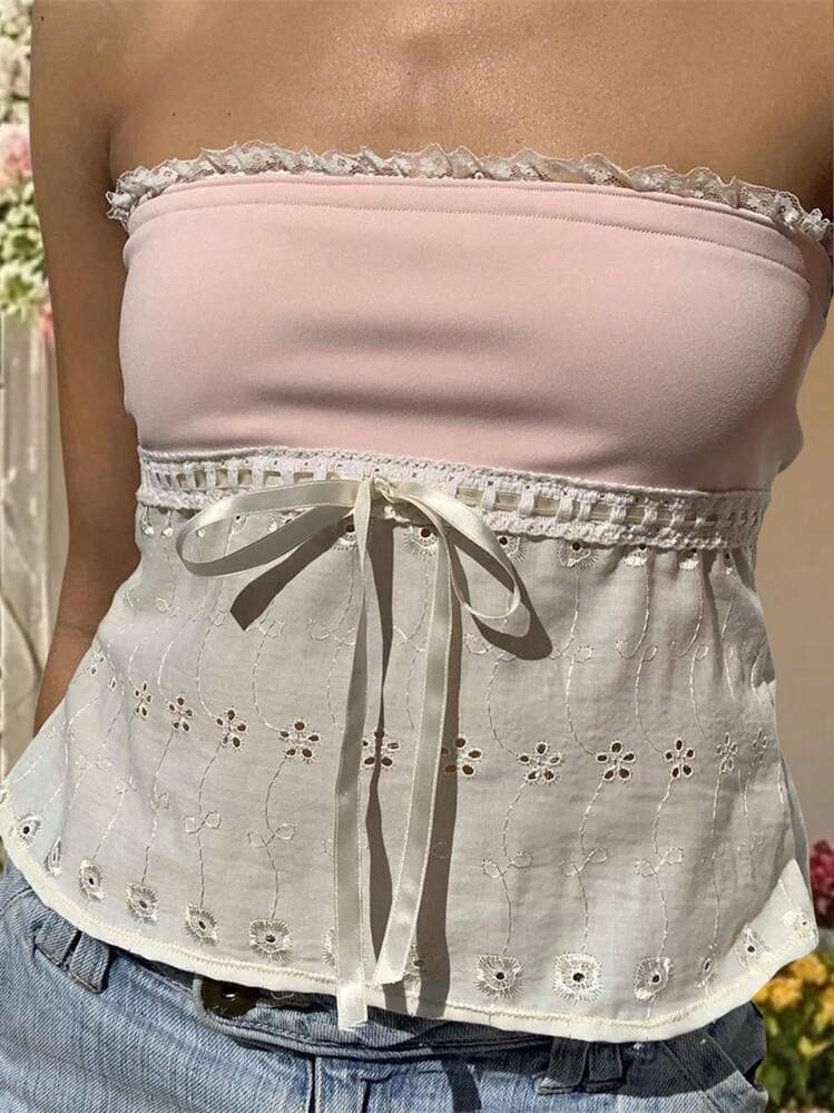 Women Y2k Tube Top Fairy Grunge Lace Trim Strapless Bandeau Lacing Hollowed Patchwork Crop Tops Sexy Backless Going Out Tops Vintage Aesthetic Clothes Streetwear | SHEIN