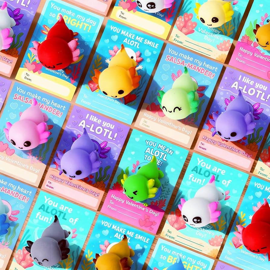 24 Packs Valentines Day Gifts for Kids,Valentines Day Cards with Axolotl Mochi Squishy,Valentine'... | Amazon (US)