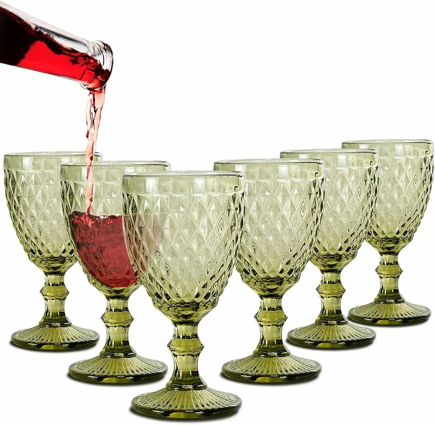 Vintage Colored Green Wine Glass Goblets Glassware Set of 6, 10 OZ Unique Diamond Textured Drinki... | Amazon (US)