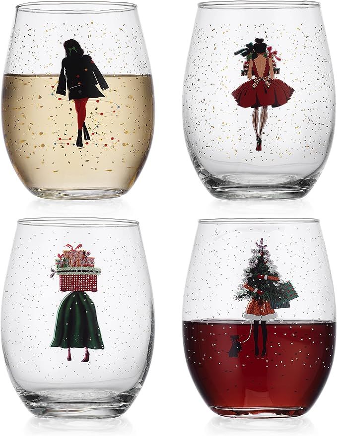 Elegant Home Set of Four (4) 20oz Holiday Festive Christmas Stemless Wine Glass For Red Or White ... | Amazon (US)