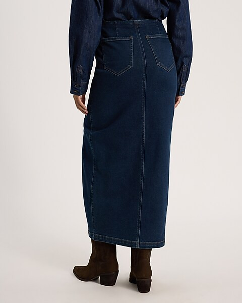 High Waisted Dark Wash Side Slit Maxi Hyper Sculpt Denim Skirt | Express
