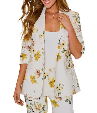 Floral Print Coordinating Longline Notch Collar Long Sleeve Blazer | Dillard's
