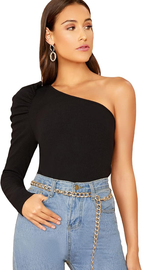 WDIRARA Women's Sexy Solid One Shoulder Cut-Out Long Sleeve Top | Amazon (US)