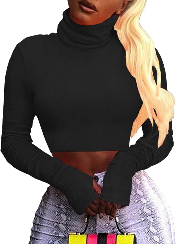 Artfish Women Long Sleeve Turtleneck Crop Tops Neon Ribbed Half Tight Cropped Sweaters Pullovers | Amazon (US)