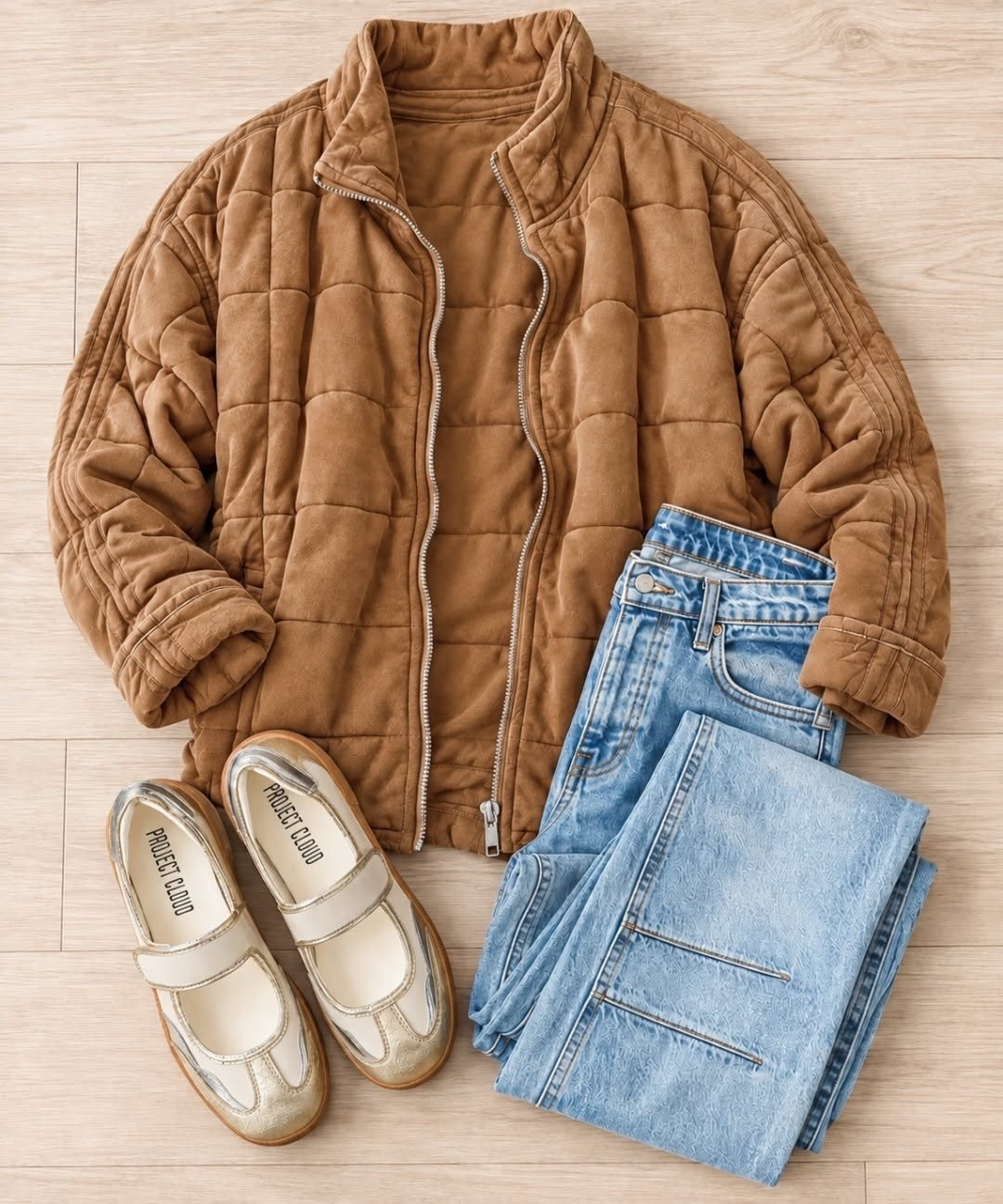 Stay cozy with this quilted jacket and add some style with these Mary Jane shoes.