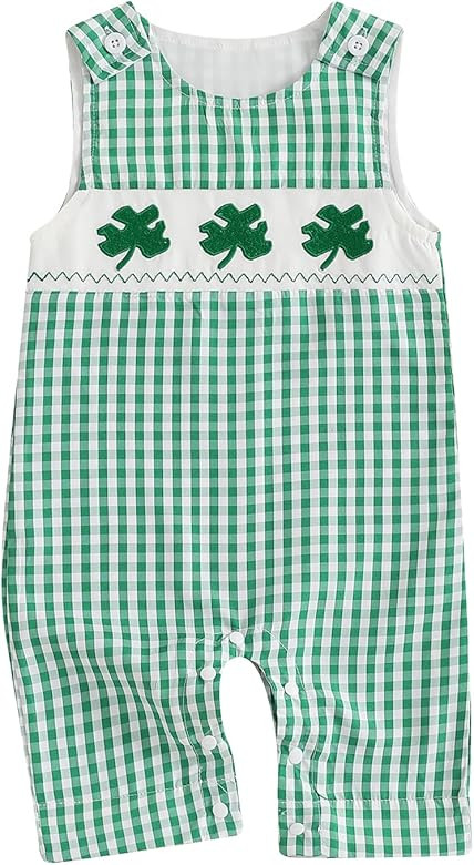 Newborn Baby Boy Girl St Patricks Day Jumpsuit Sleeveless Shamrock Embroidery Plaid Smocked Bubbl... | Amazon (US)