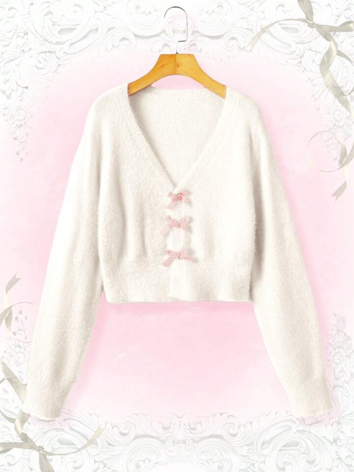 ROMWE Kawaii Women's Bowknot Plush Open Front Cardigan | SHEIN
