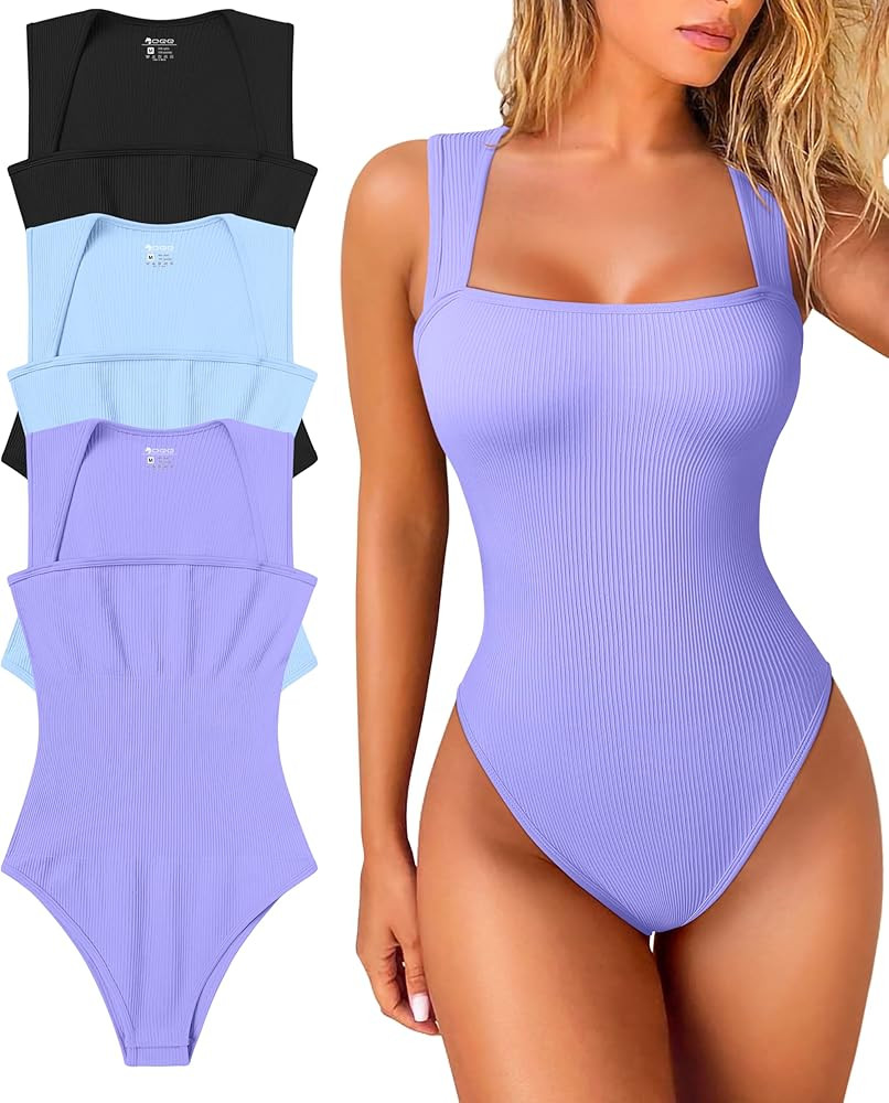 OQQ Women's 3 Piece Bodysuits Sexy Ribbed Strappy Square Neck Sleeveless Tummy Control Tank Tops ... | Amazon (US)