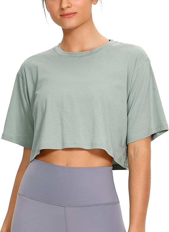 CRZ YOGA Women's Pima Cotton Workout Crop Tops Short Sleeve Yoga Shirts Casual Athletic Running T... | Amazon (US)