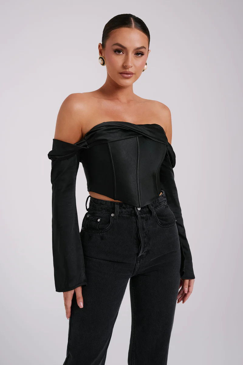 Giselle Satin Off Shoulder Top - Black | MESHKI US