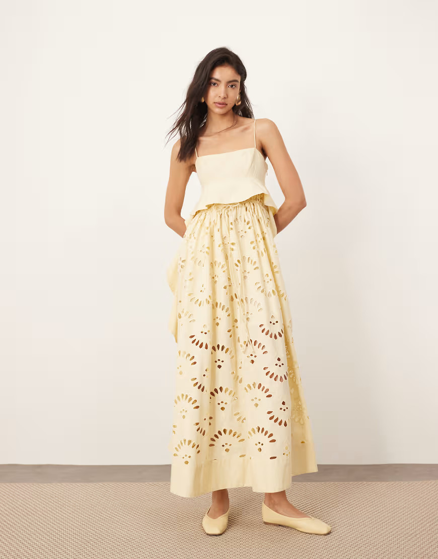 ARRANGE contrast broderie empire cami midi dress with ruffle detail in buttermilk-Yellow | ASOS (Global)