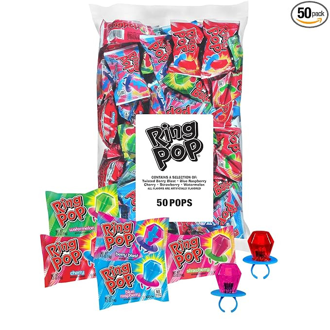 Ring Pop Candy, Valentine's Lollipops, 50 Ct Party Favors in Assorted Fruity Flavors - Full Size,... | Amazon (US)