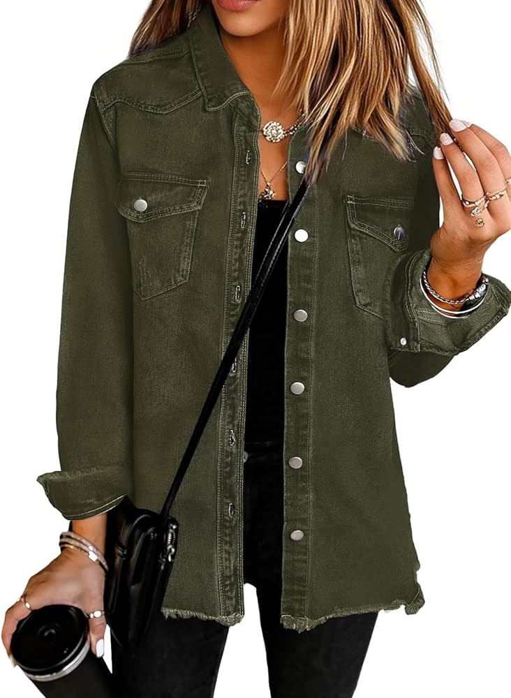 UEAL Womens Oversized Button Down Frayed Hem Denim Shacket Casual Long Sleeve Jean Jackets 2026 S... | Amazon (US)