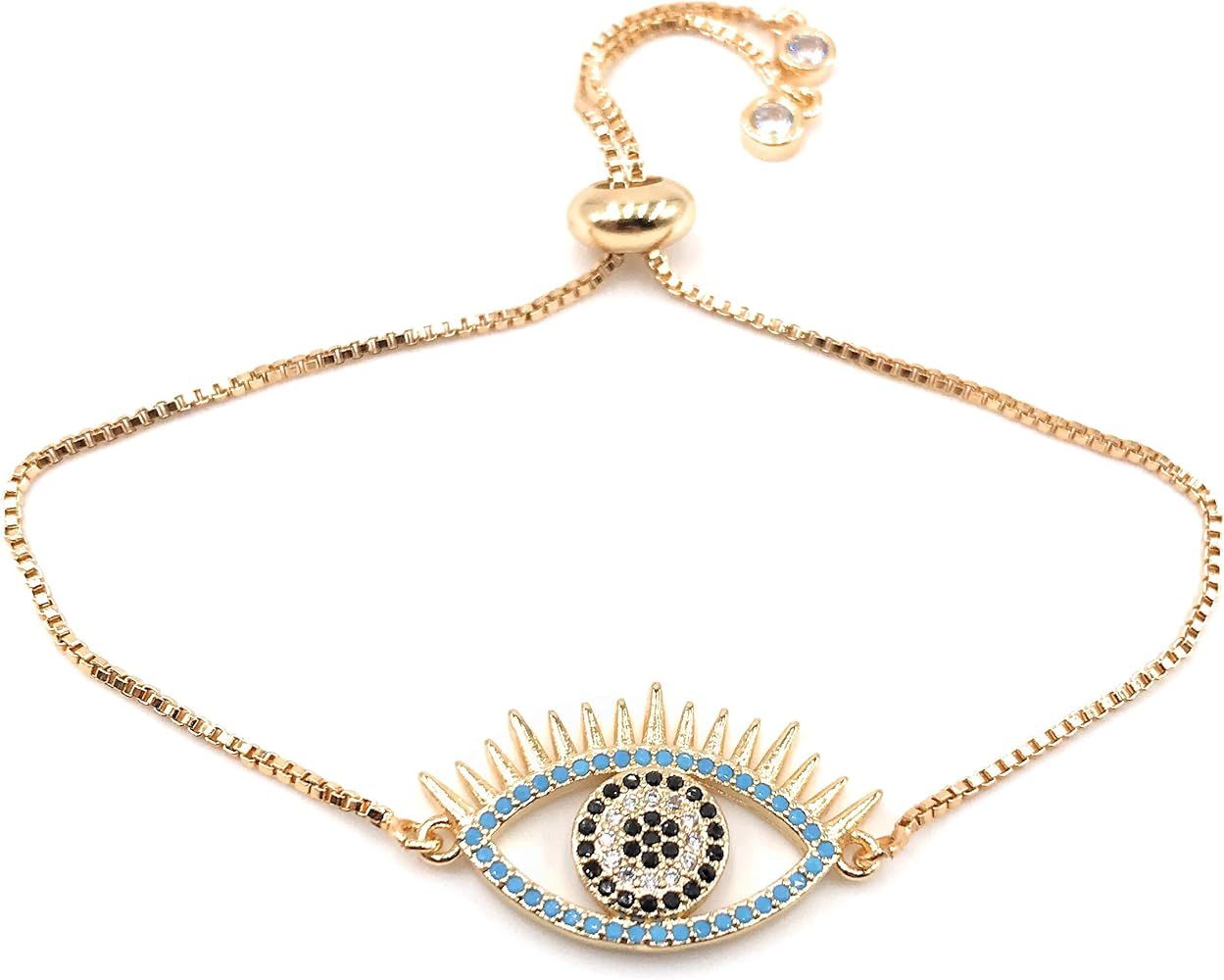 18K Gold Plated Evil Eye Bracelet for Women Adjustable Chain | Amazon (US)