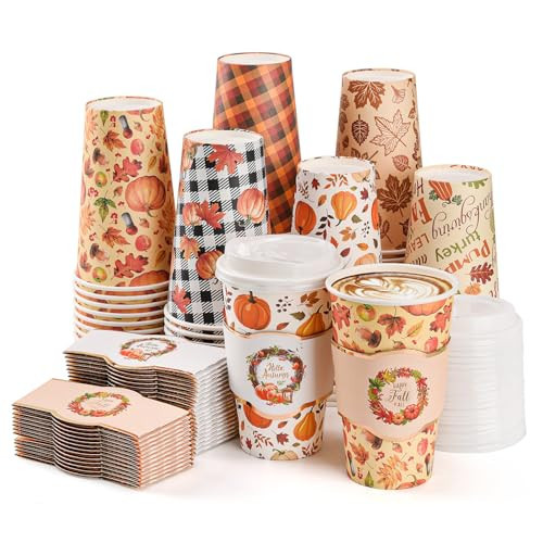 72 Set Fall Disposable Coffee Cups with Lids and Sleeves Pumpkin Maple Leaf Paper Drinking To Go Cups for Autumn Harvest Thanksgiving Party Coffee Bar Decor Business Supplies | Amazon (US)