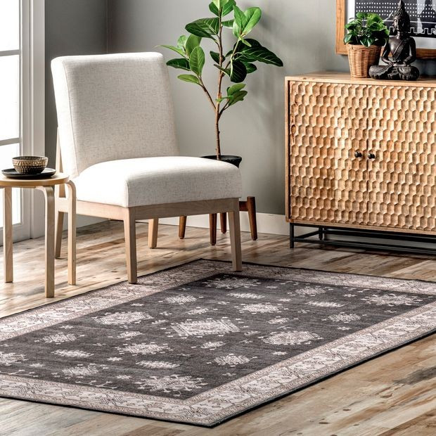 Charcoal Andrea Bordered Washable Area Rug | Rugs USA