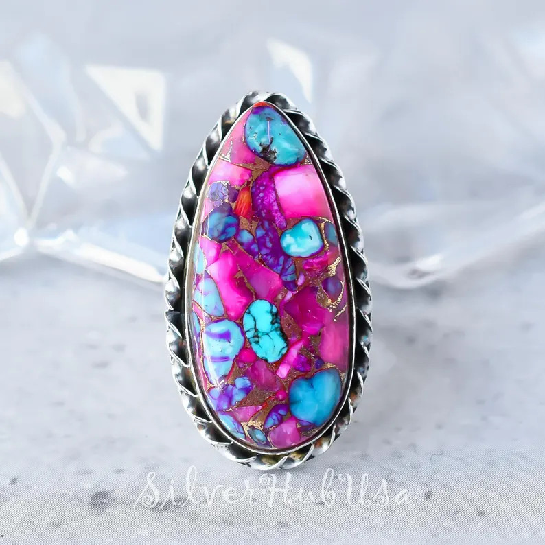 Kingman Turquoise Ring: Pink Dahlia Oyster Gemstone, Sterling Silver Boho Ring | Etsy (Global)