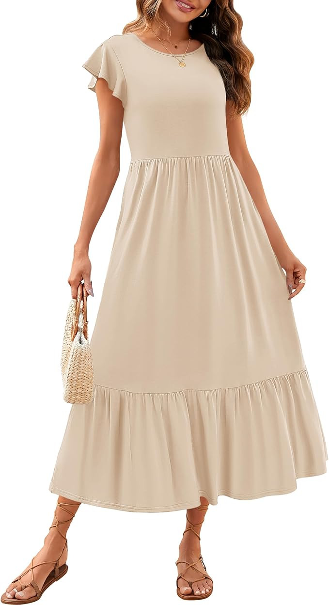 ZESICA Women's Summer Casual Dresses Flutter Short Sleeve Crewneck Loose Flowy Tiered Beach Maxi ... | Amazon (US)