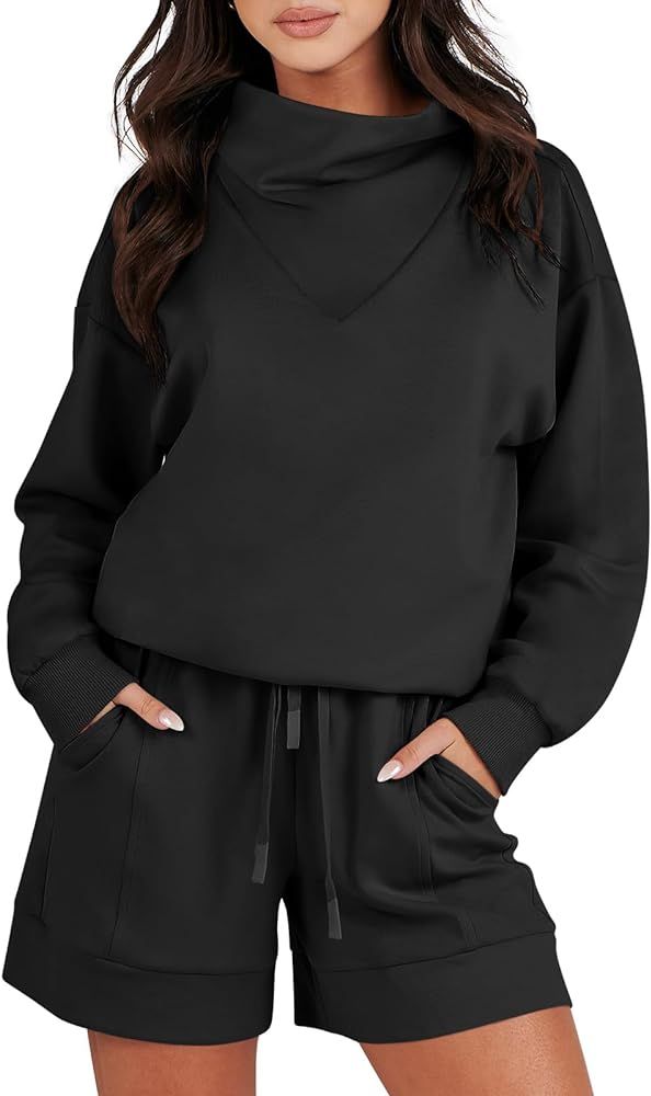 ANRABESS Women 2 Piece Outfits Sweatsuits Cowl Neck Sweatshirts Fashion Lounge Shorts Matching Sw... | Amazon (US)