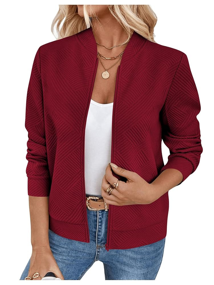 Verdusa Women's Zip Up Textured Lightweight Bomber Jacket Casual Long Sleeve Outerwear | Amazon (US)