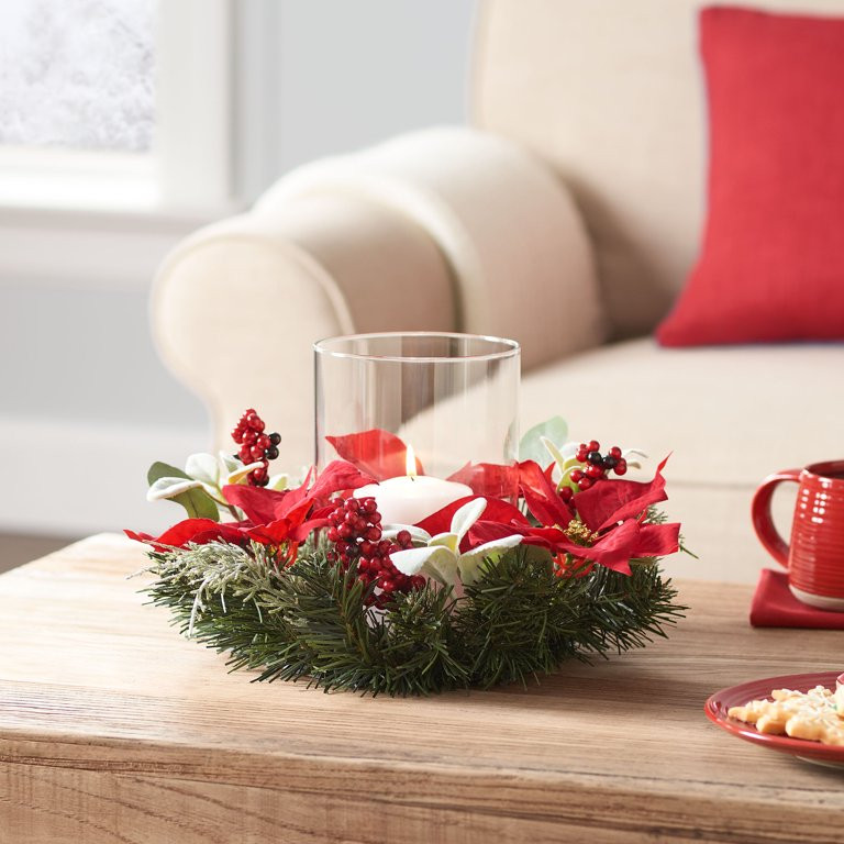 Mainstays 8" Decorative Tabletop Artificial Christmas Glass Hurricane Candleholder with Artificia... | Walmart (US)