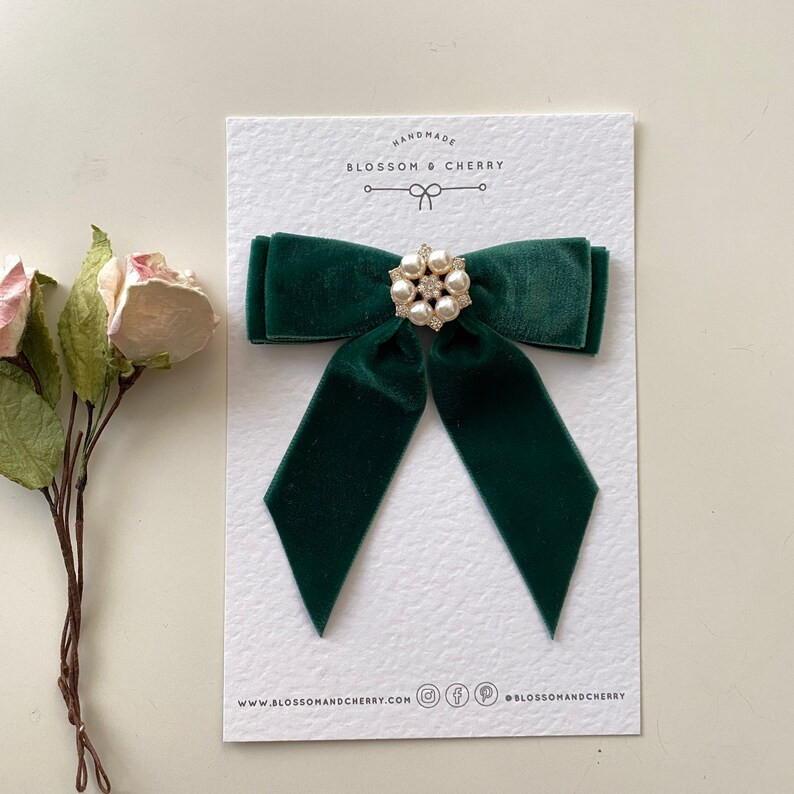 Green Pearl Rhinestone Velvet Short Tail Hair Bow, Velvet Hair Tie, Short Tail Bow, Bridesmaid Bo... | Etsy (US)