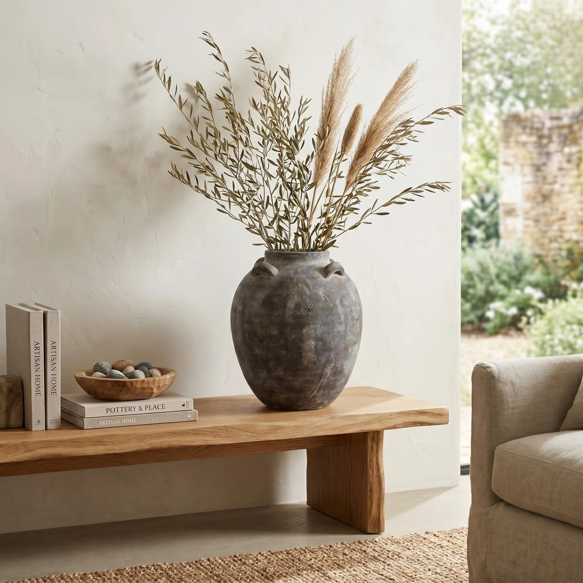 Hand-Painted Sculptural Terracotta Tall Table Vase - Casual Vases With Small Round Handles - Eleg... | Wayfair North America