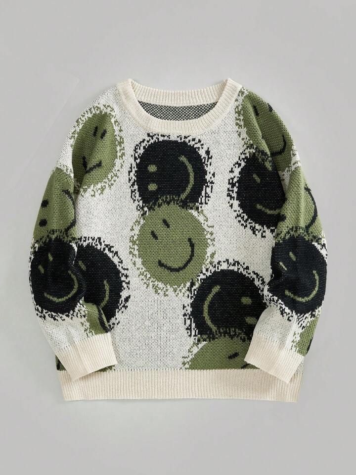 Plus Size Sweet Cartoon Smiling Face Lazy Style Round Neck Sweater | SHEIN