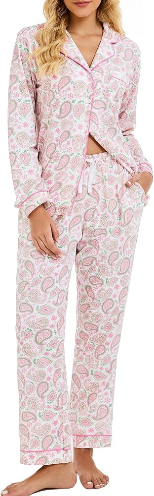 LUBOT 2025 100% Cotton Pajamas for Women PJ Set Soft Button 2 Piece Ladies Knit Long Sleeve Sleep... | Amazon (US)