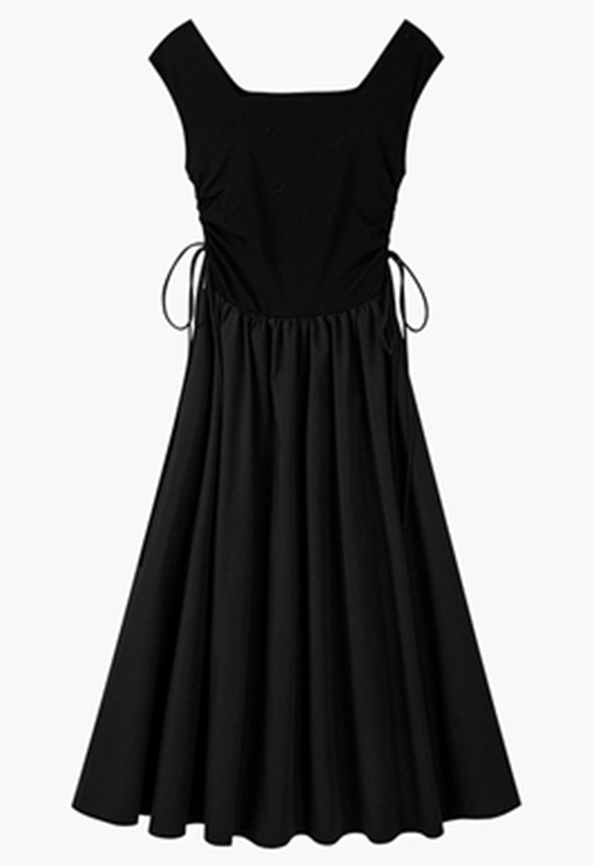 Square Neck Side Drawstring Spliced Sleeveless Dress in Black | Chicwish