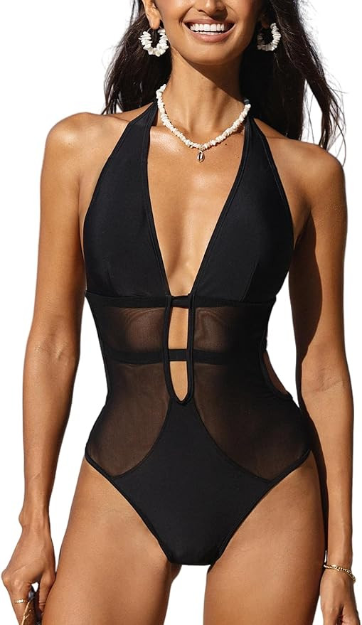 CUPSHE Women's One Piece Swimsuit Bathing Suit Deep V Neck Halter Back Tie Mesh Swimwear | Amazon (US)