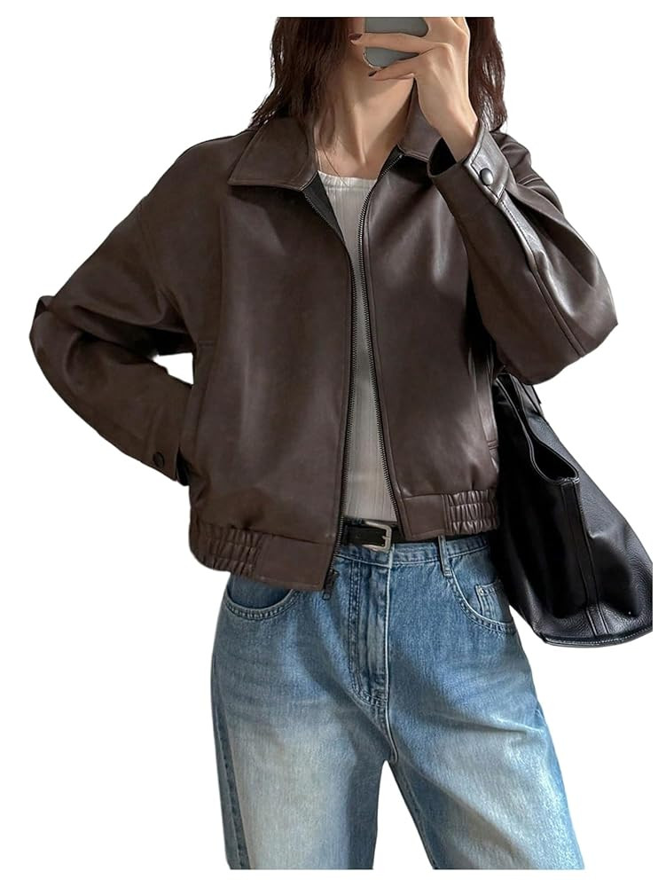 Milumia Women's Faux Leather Zip Up Jacket Vintage Collared Long Sleeve Motorcycle Jackets | Amazon (US)