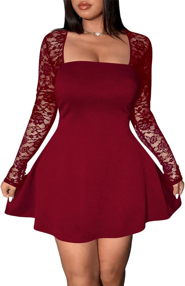 Floerns Women's Plus Size Contrast Lace Sheer Long Sleeve A Line Dress Square Neck Mini Dresses | Amazon (US)
