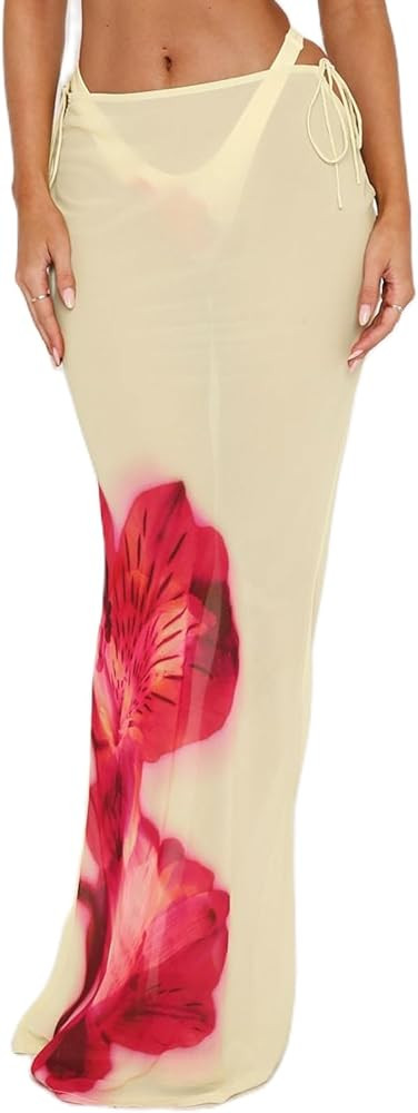 SOLILOQUY Women Y2K Floral Print Sheer Mesh Skirt Summer See Through Cover-up Bodycon Pencil Long... | Amazon (US)