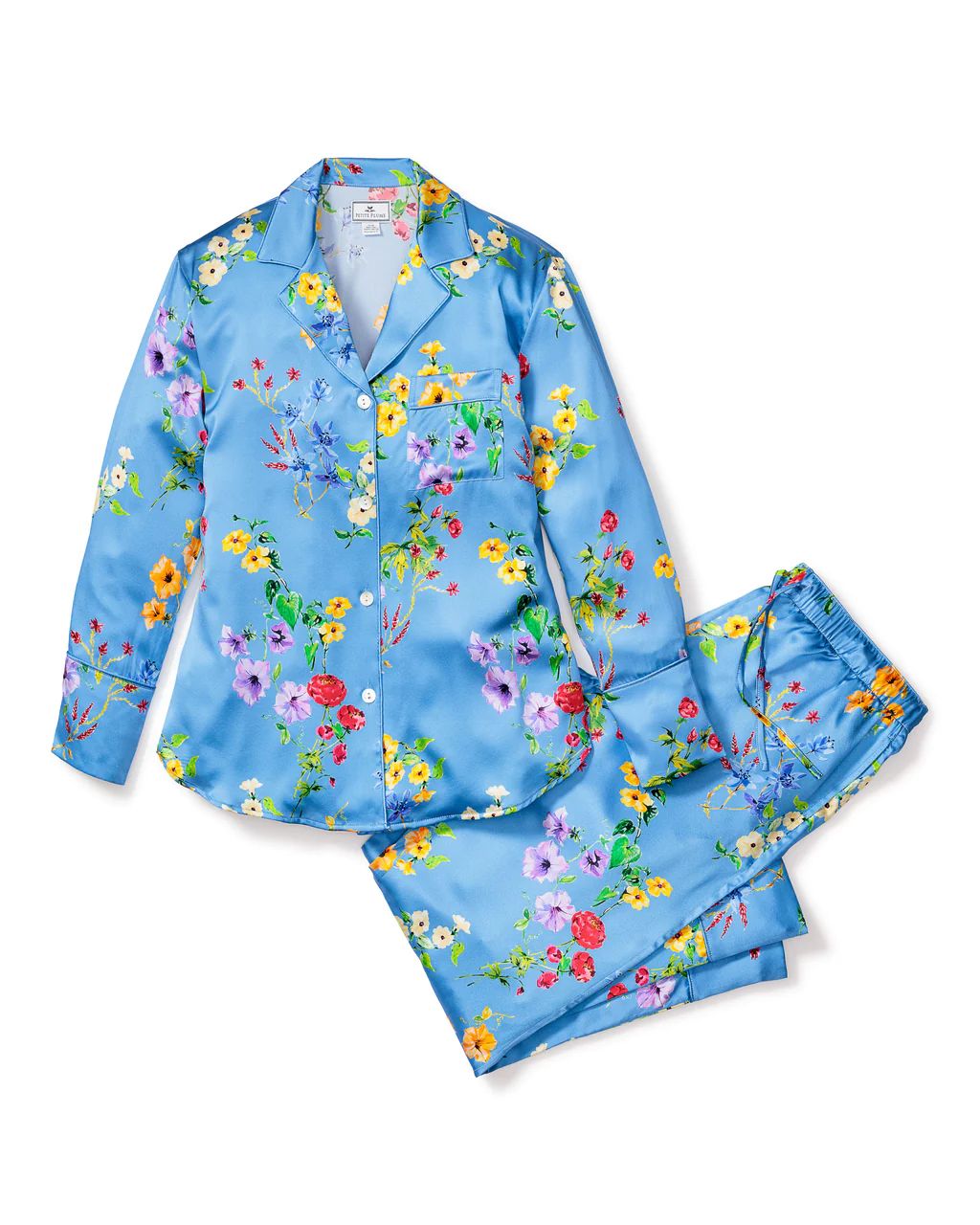 Women's Silk Pajama Set in Brilliant Botanical Azure | Petite Plume