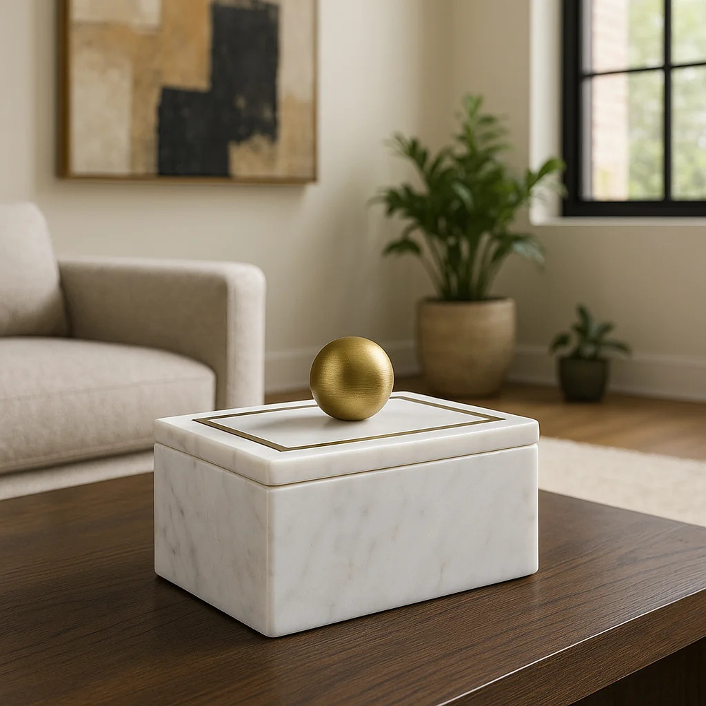 Andranique Decorative Box Marble Stone Metal Brass Modern Storage Container with Removable Lid Contemporary Accent Box for Shelf or Tabletop Display H | Wayfair North America