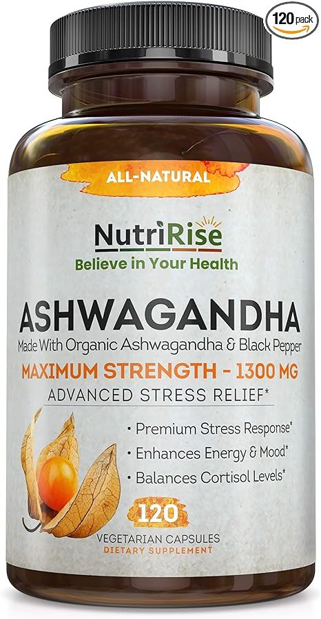 Ashwagandha 1300mg Made with Organic Ashwagandha Root Powder & Black Pepper Extract - 120 Capsule... | Amazon (US)
