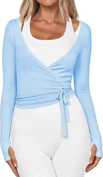 Loovoo Womens Ballet Wrap Top Long Sleeve Thumbholes Pilates Dance Shirt | Amazon (US)
