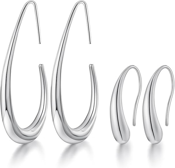 2Pairs Lightweight Teardrop Hoop Earrings for Women - 18k Gold Plated Large Small Size Oval Pull ... | Amazon (US)